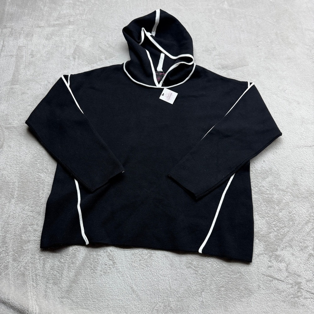 Elena Wang Sweater Hoodie Women Large Black White Contrast Piping Knit Cozy Chic